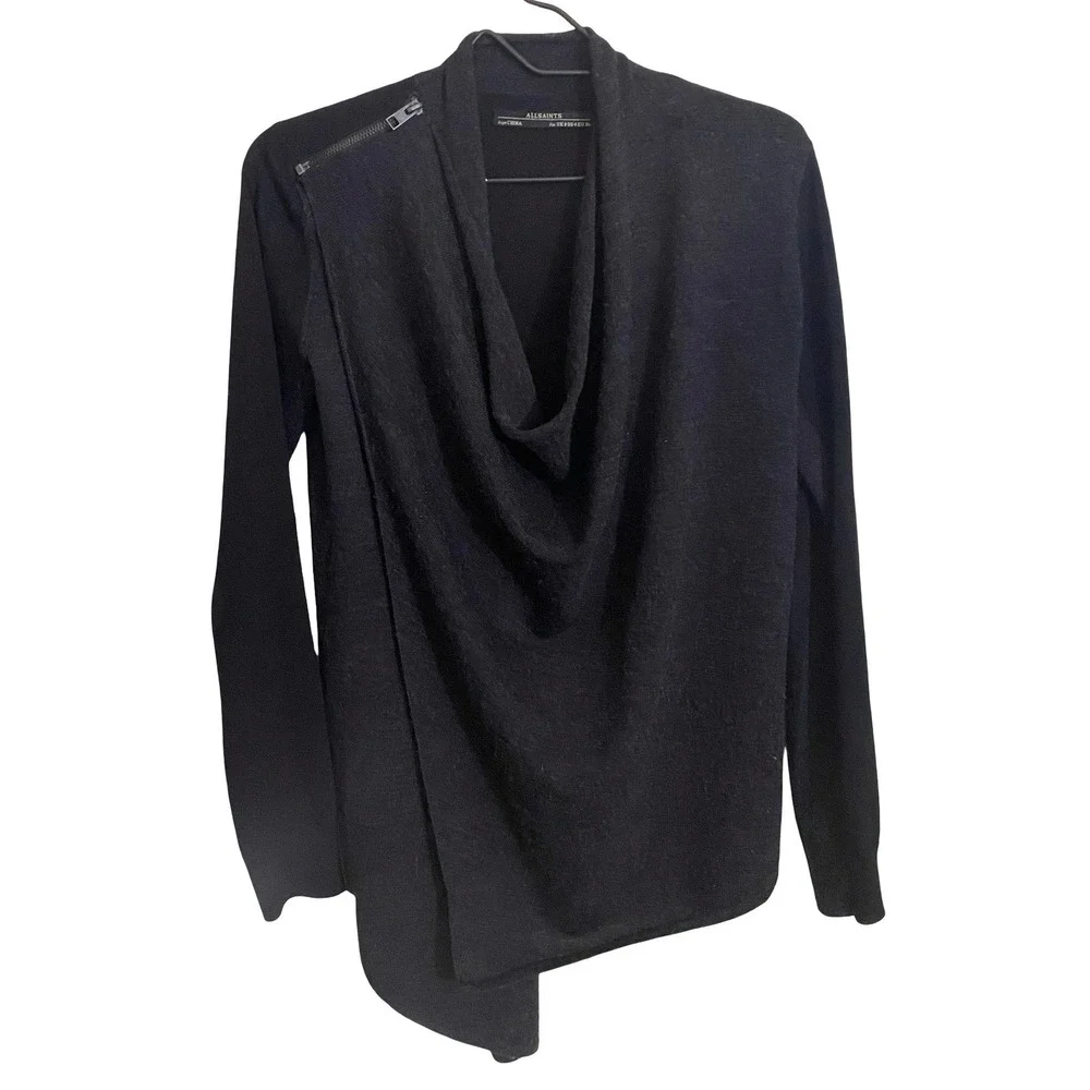 ALLSAINTS Black Charcoal Asymmetrical Drina Drape Cardigan Sweater Size 4